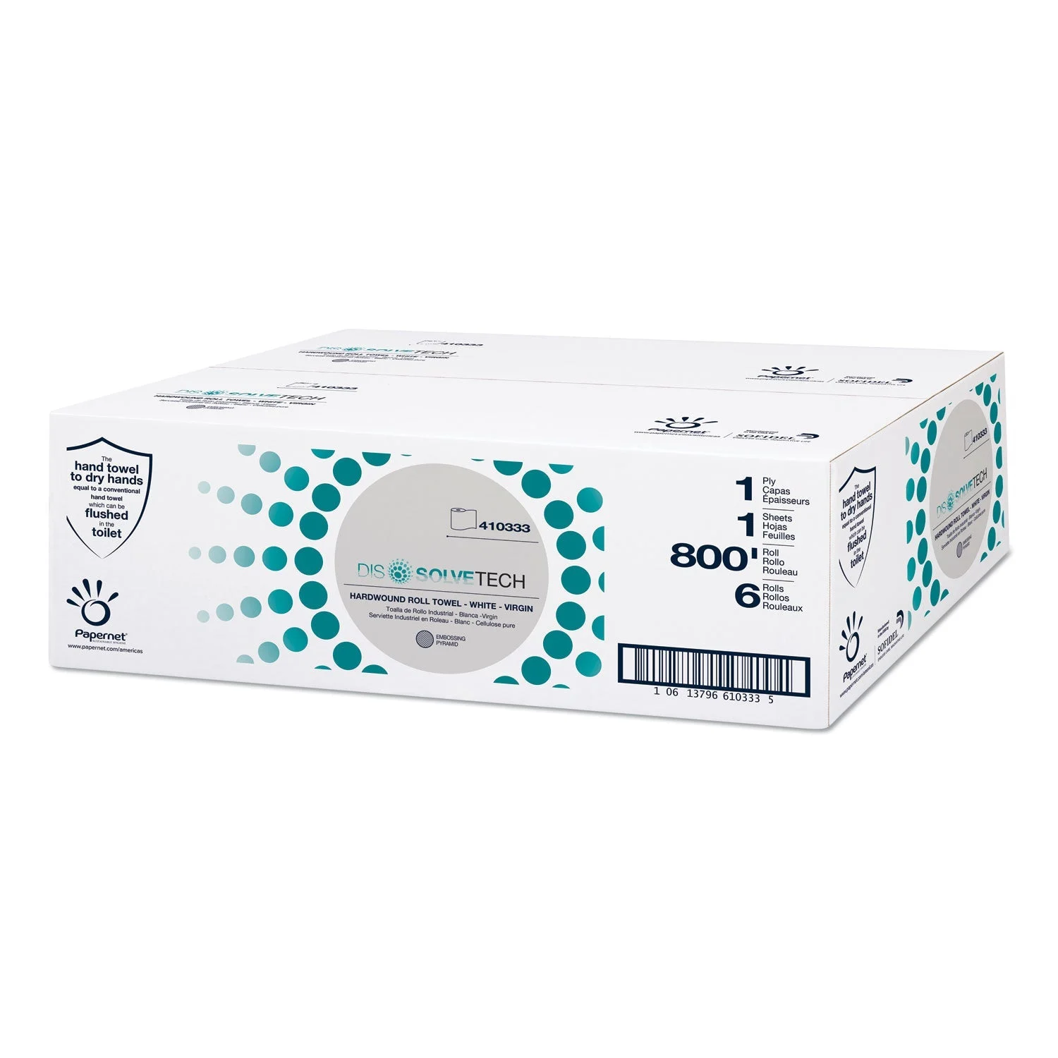 Papernet DissolveTech Paper Towel, 1-Ply, 7.8" x 800 ft, White, 6 Rolls/Case