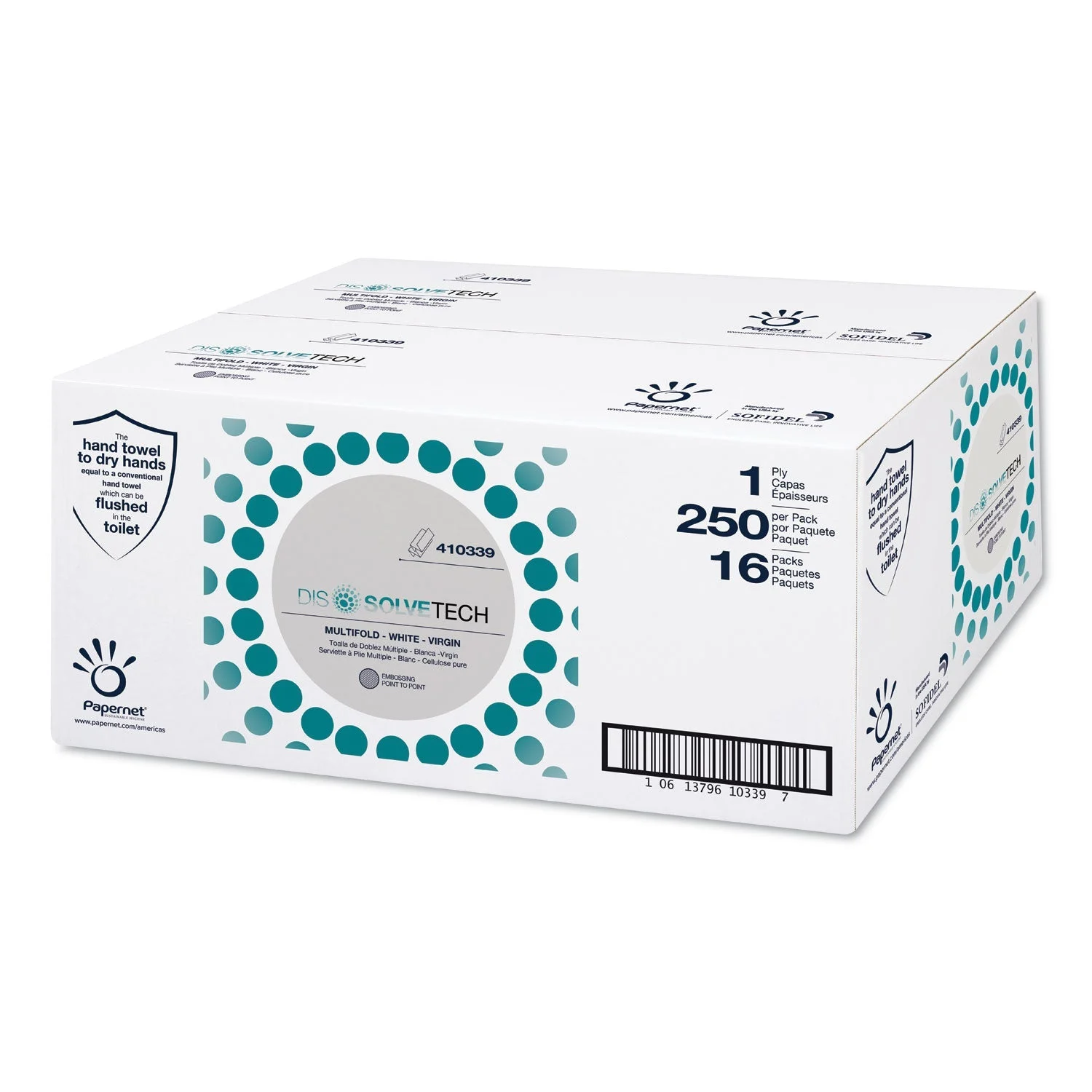 Papernet DissolveTech Paper Towel, Multifold, 9.5 x 9.25, White, 250/Pack, 16 Packs/Carton