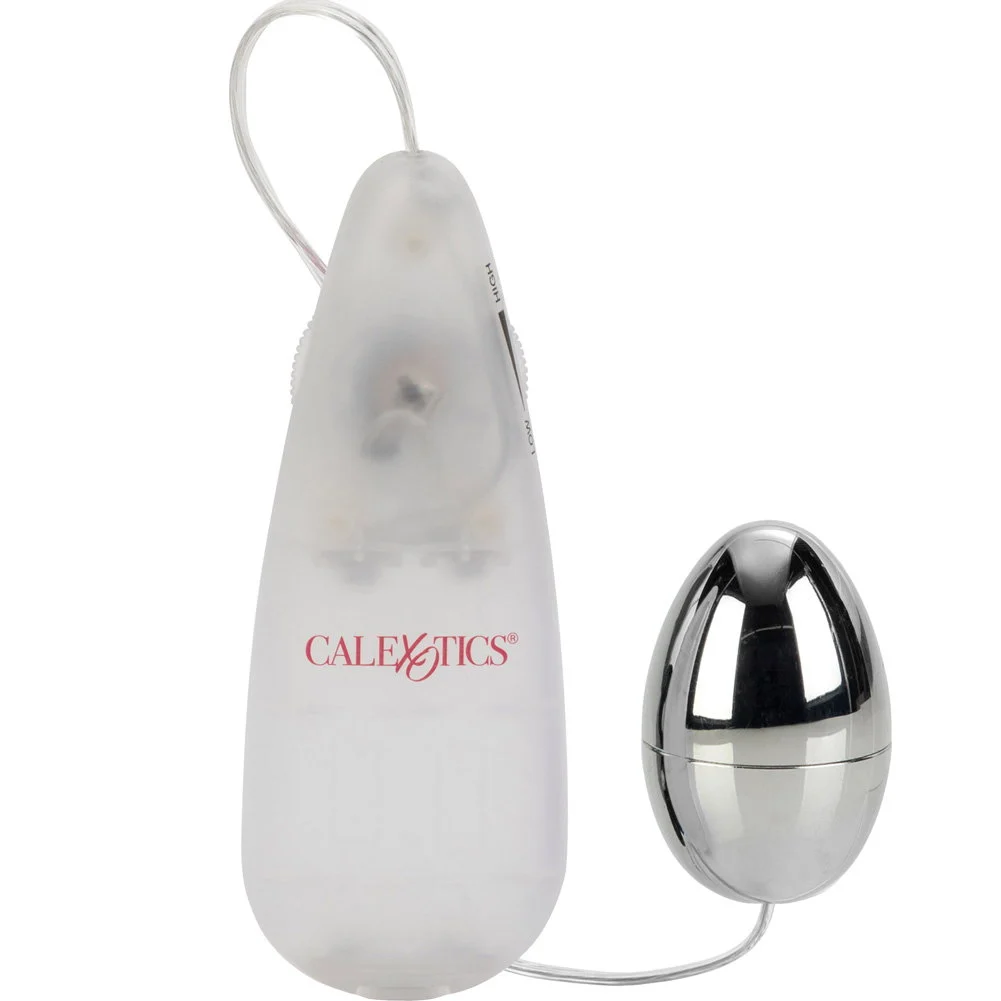 Pocket Exotics Vibrating Silver Egg Massager, 2", White Remote