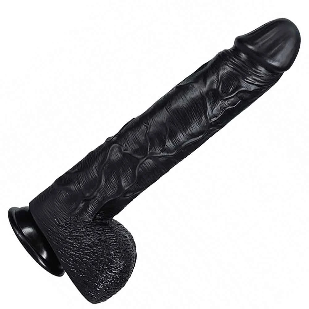 RealRock Straight Realistic Dildo with Balls and Suction Cup, 14", Black