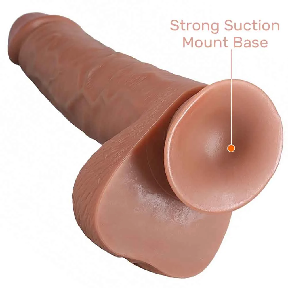 RealRock Straight Realistic Dildo with Balls and Suction Cup, 14", Mocha