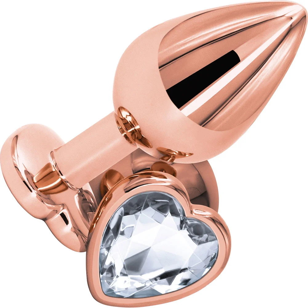 Rear Assets Tapered Metal Butt Plug, Medium, Rose Gold/Clear Heart