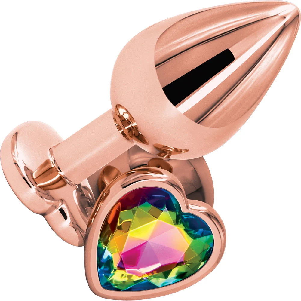 Rear Assets Tapered Metal Butt Plug, Medium, Rose Gold/Rainbow Heart