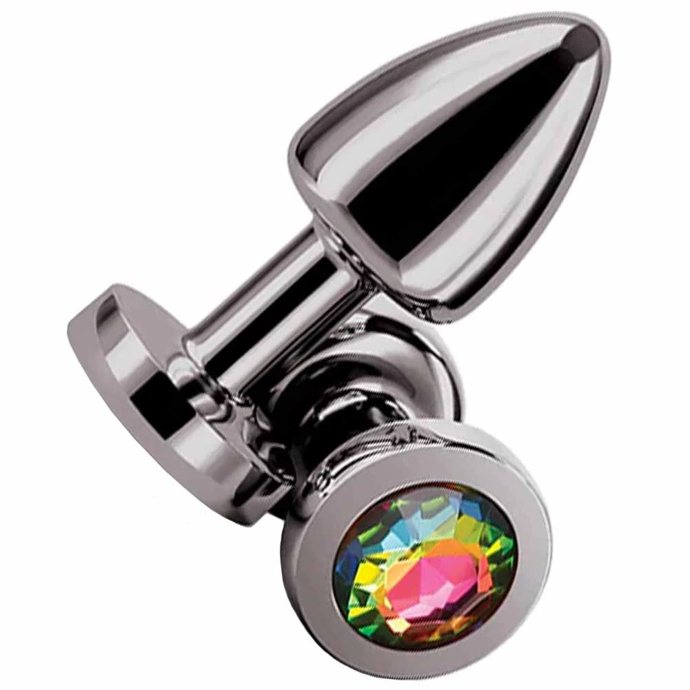 Rear Assets Tapered Metal Butt Plug, Petite, Gunmetal/Rainbow Jewel