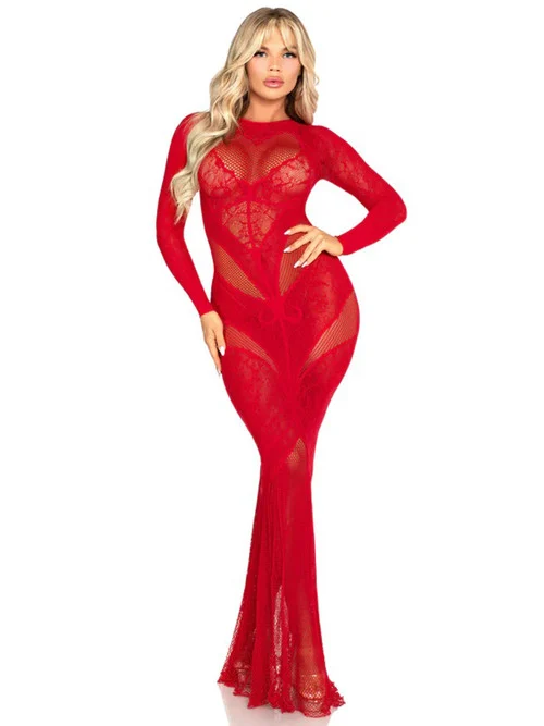 Red Lace and Net Body Long Gown by Leg Avenue