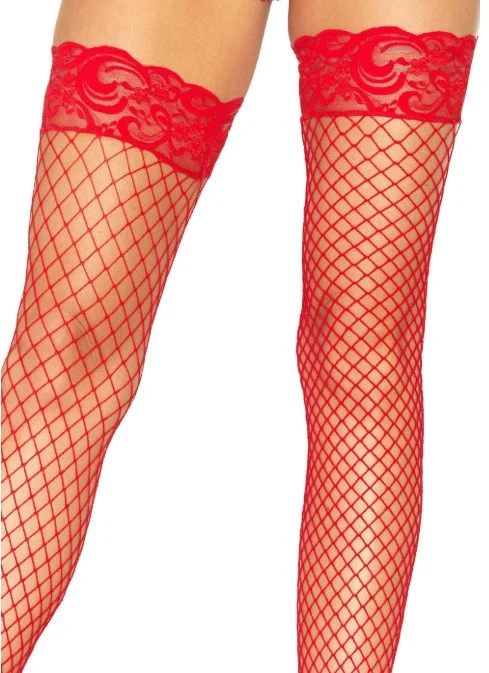 Red Lace Top Industrial Net Thigh High Stockings by Leg Avenue