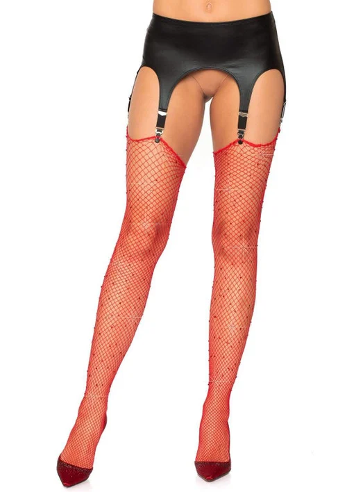 Red Rhinestone Fishnet Thigh High Stockings by Leg Avenue