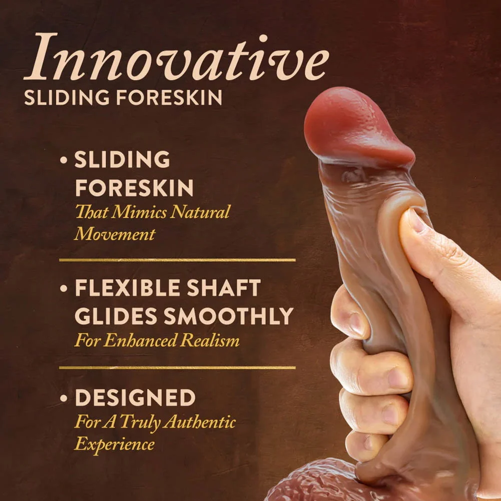 Renaissance Raphael Sliding Foreskin Dildo with Squeezable Balls 9.5", Mocha
