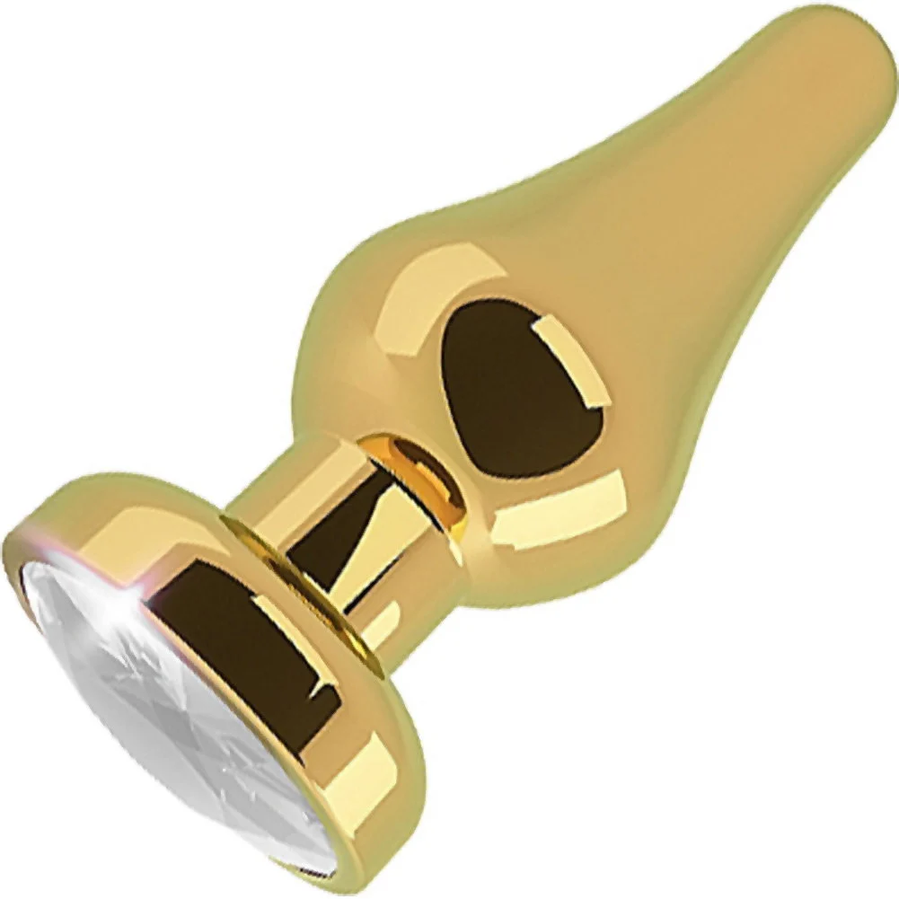 Rich Metal Anal Plug with Sparkling Sapphire, 4.5", Gold Spade/Clear