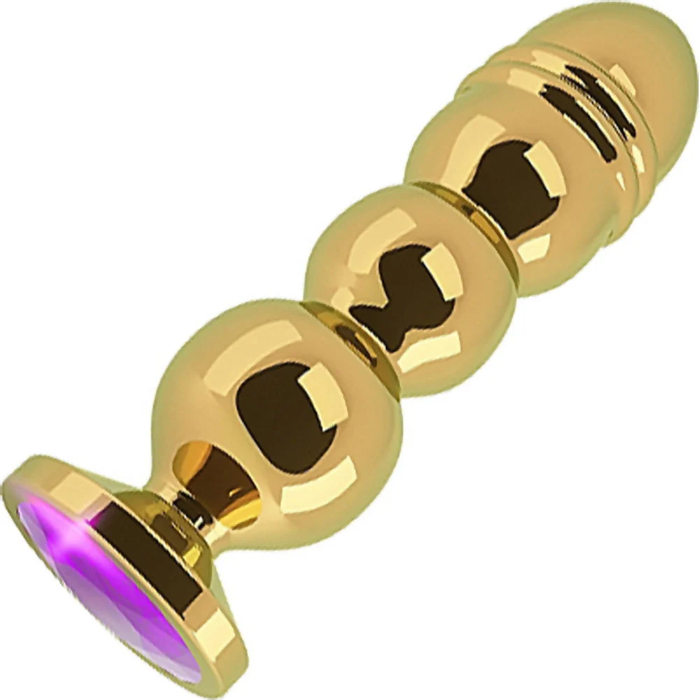 Rich Sparkling Metal Anal Plug, 5", Gold Beaded/Sapphire