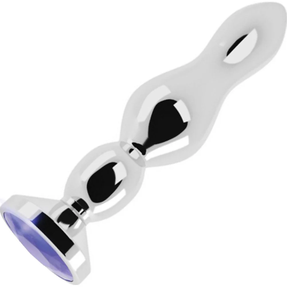 Rich Sparkling Metal Anal Plug, 5", Silver Beaded/Sapphire