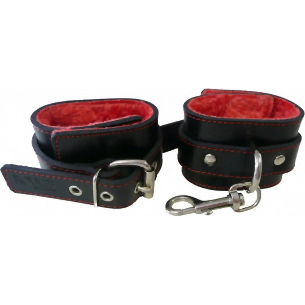 Rouge Furry Lined Leather Wrist Cuffs, Red/Black