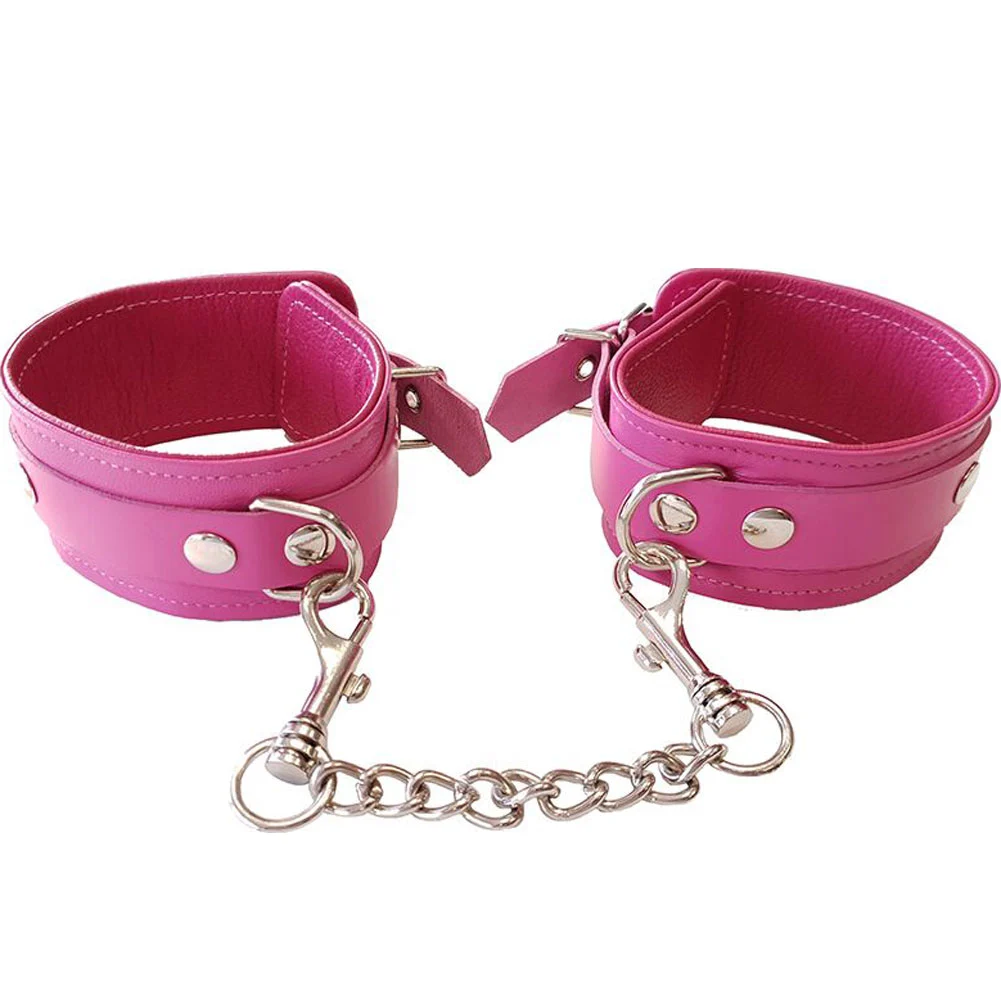 Rouge Garments Classic Leather Wrist Cuffs, One Size, Bubblegum/Chrome