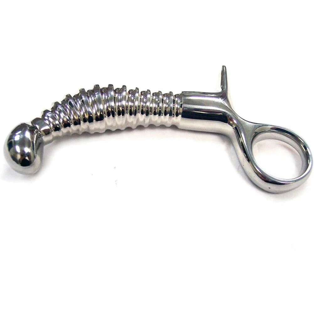 Rouge Ribbed Anal Plug with Handle, 4", Sliver