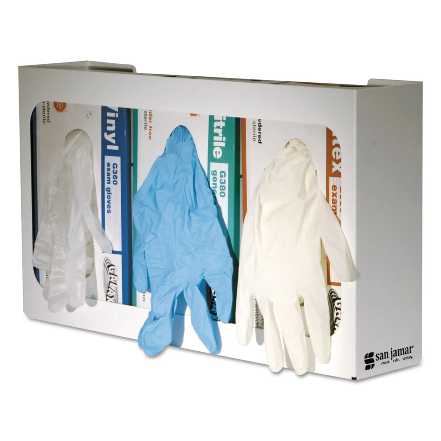 San Jamar White Enamel Disposable Glove Dispenser, 3-Box, Steel, White, 18 x 3.75 x 10
