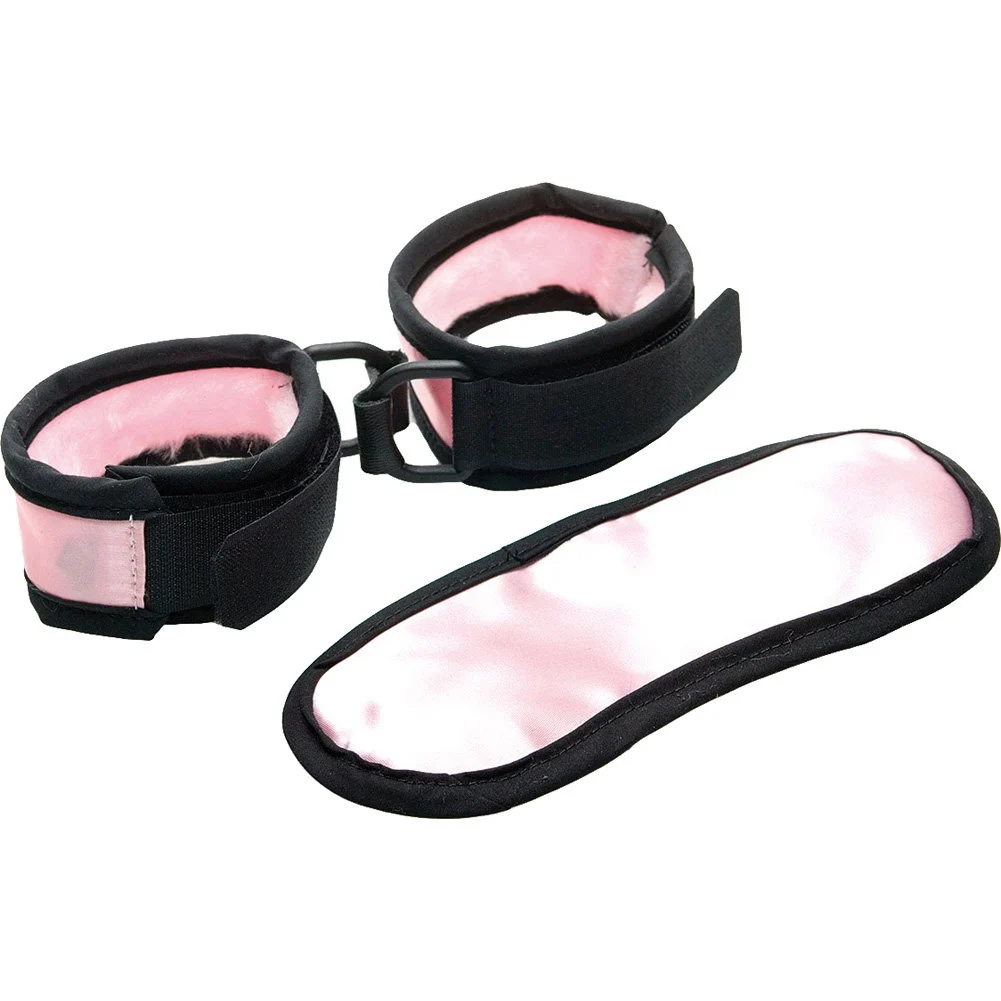 Satin Cuffs and Mask Set, One Size, Pink/Black