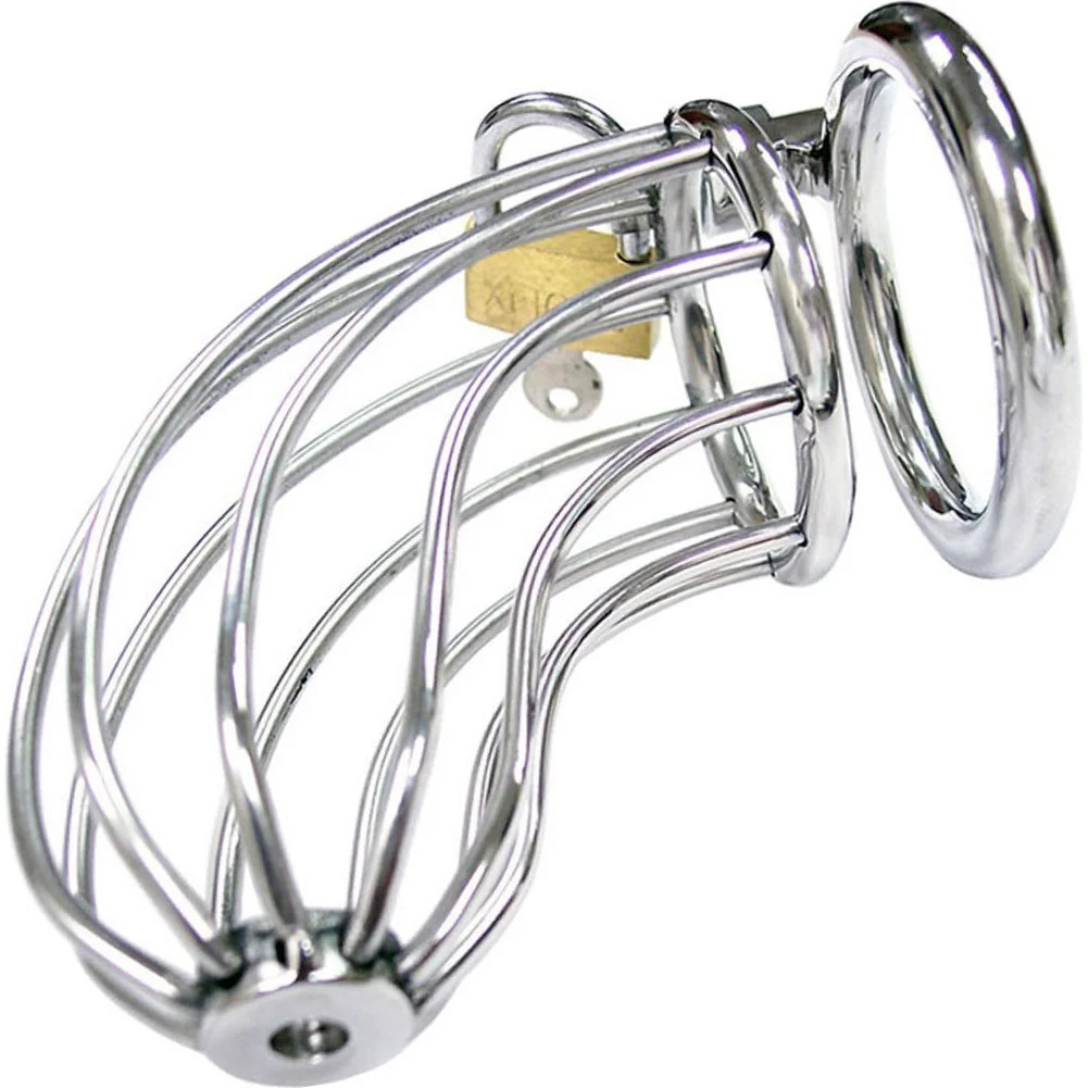 Stainless Steel Penis Cage with Padlock and Keys, Silver