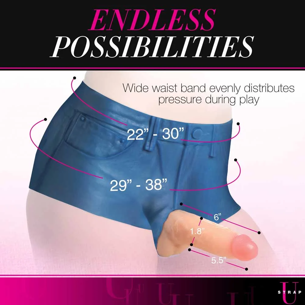 Strap U Booty Shorts Stretchy Silicone Strap-On Harness and 6" Dildo Set, Medium