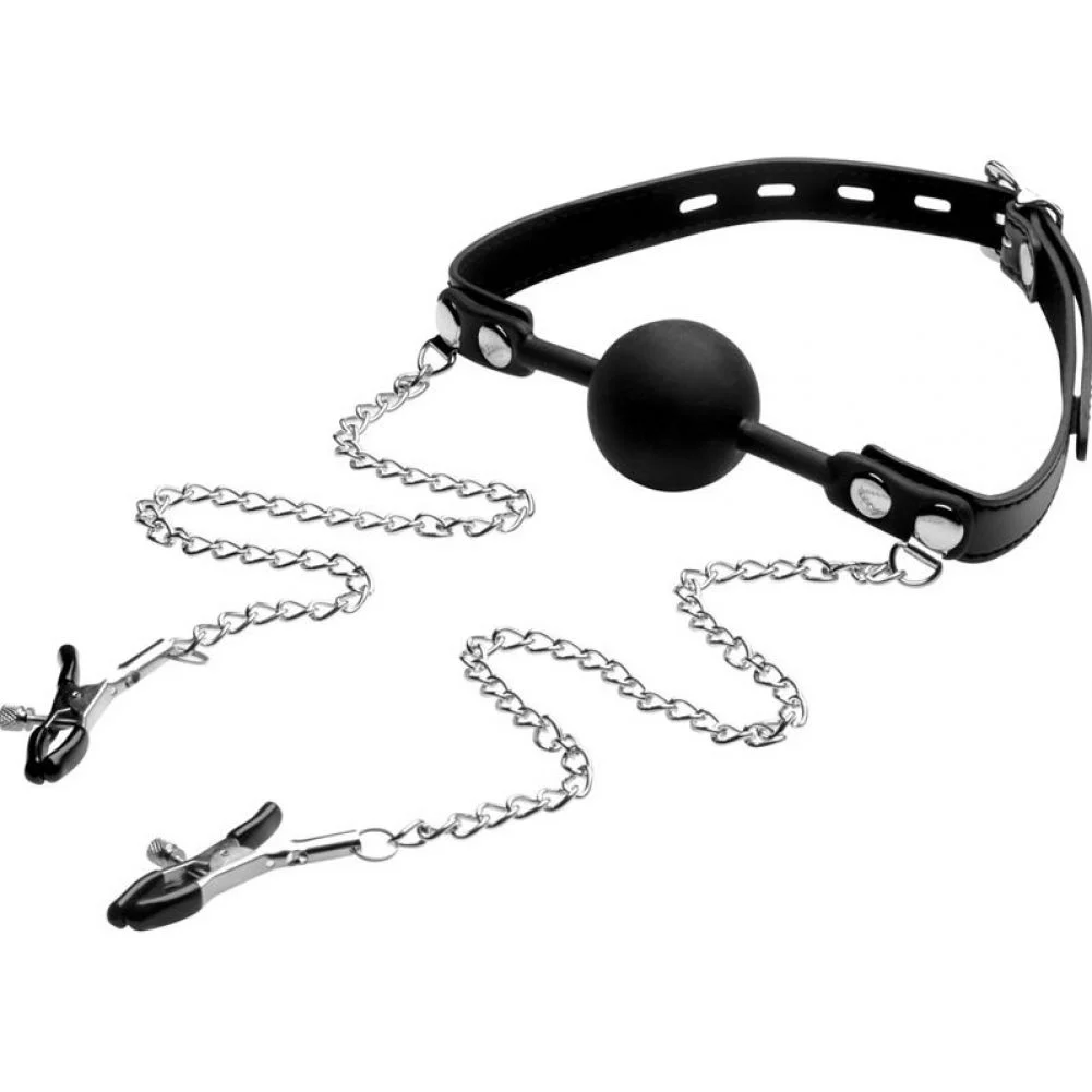 STRICT Silicone Adjustable Ball Gag with Nipple Clamps, Black