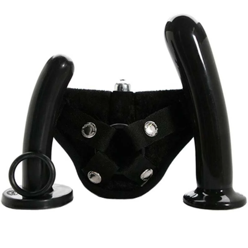 Tantus Bend Over Vibrating Harness Kit with Silicone Dildos, Intermediate, Black