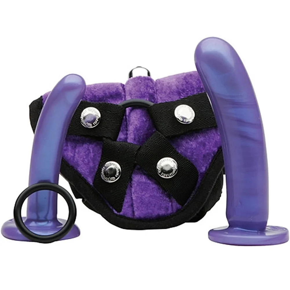 Tantus Bend Over Vibrating Harness Kit with Silicone Dildos, Intermediate, Purple