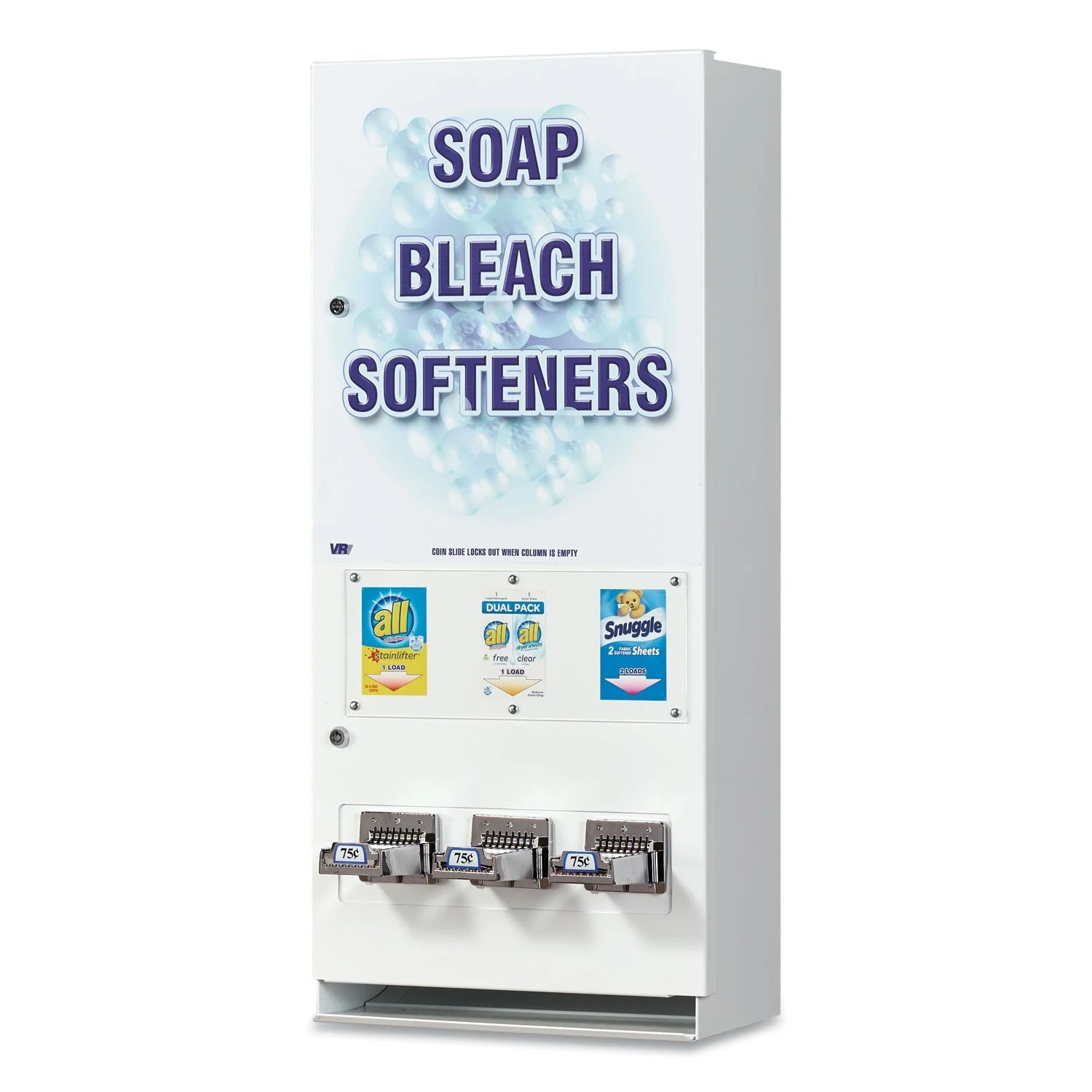 Vend-Rite Coin-Operated Soap Vender, 3-Column, 16.25 x 9.5 x 37.75, White/Blue